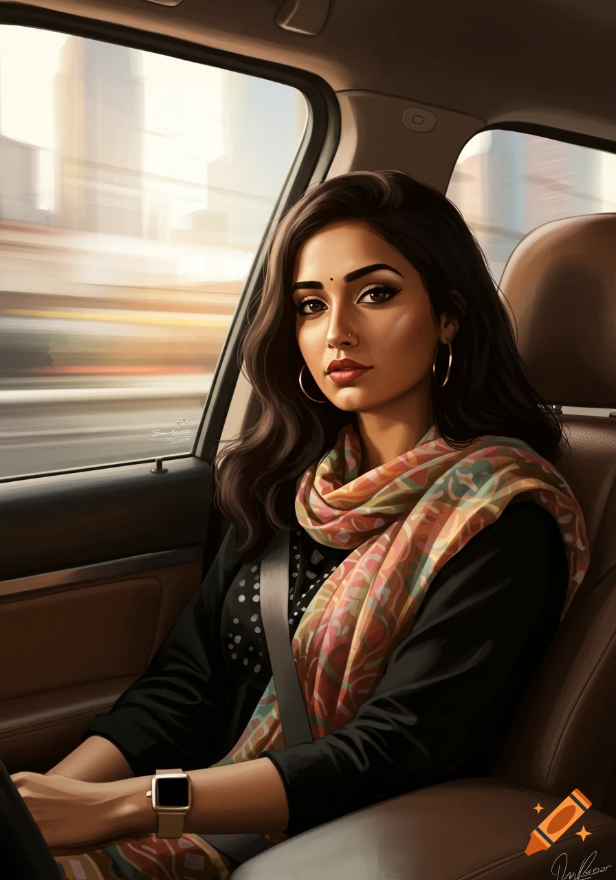 Illustrative portrait of a young South Asian woman with dark hair and a patterned scarf, seated in a car.