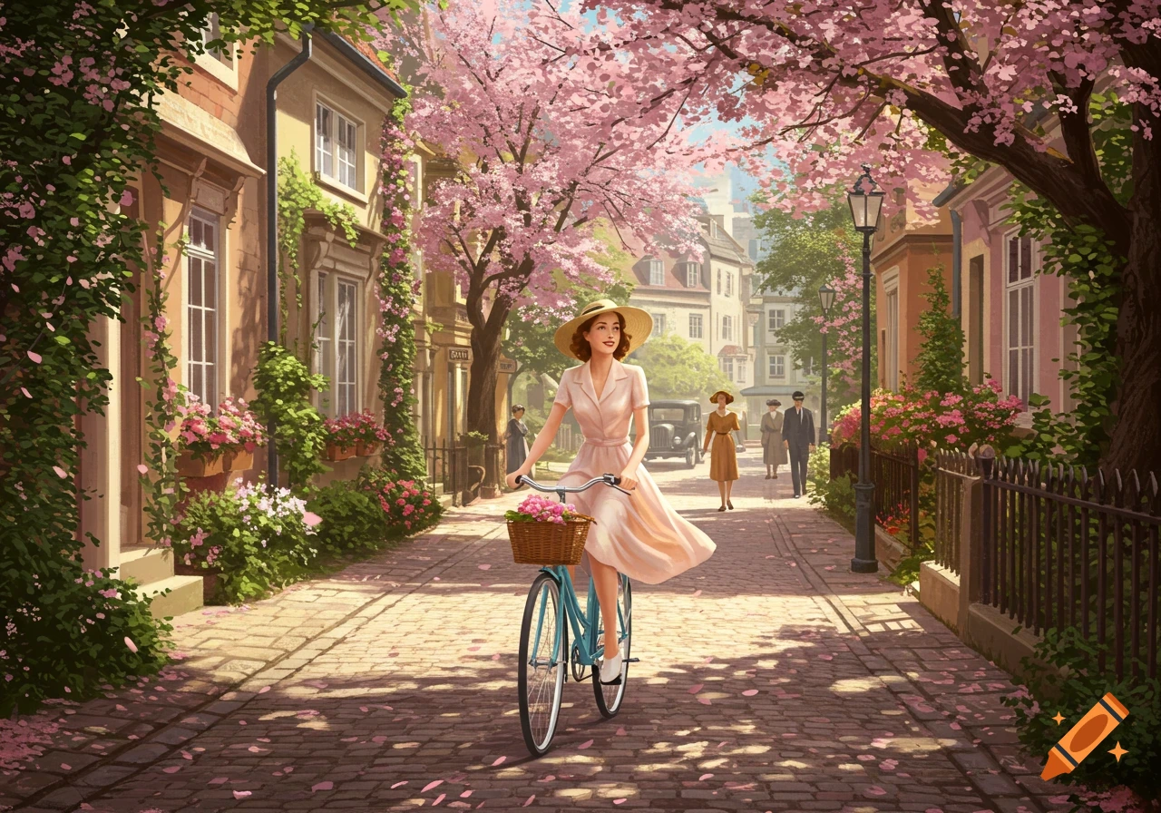 Vintage woman in a light dress and hat rides a bicycle with flowers down a cobblestone street with cherry blossoms.