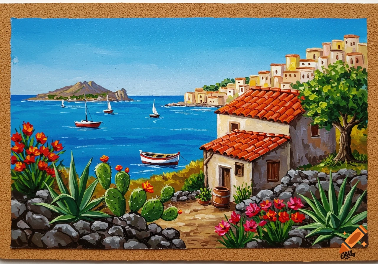 Decorative painting of a vibrant Mediterranean coastal village with white houses and red roofs, boats on the blue sea, and colorful flowers and cacti in the foreground.