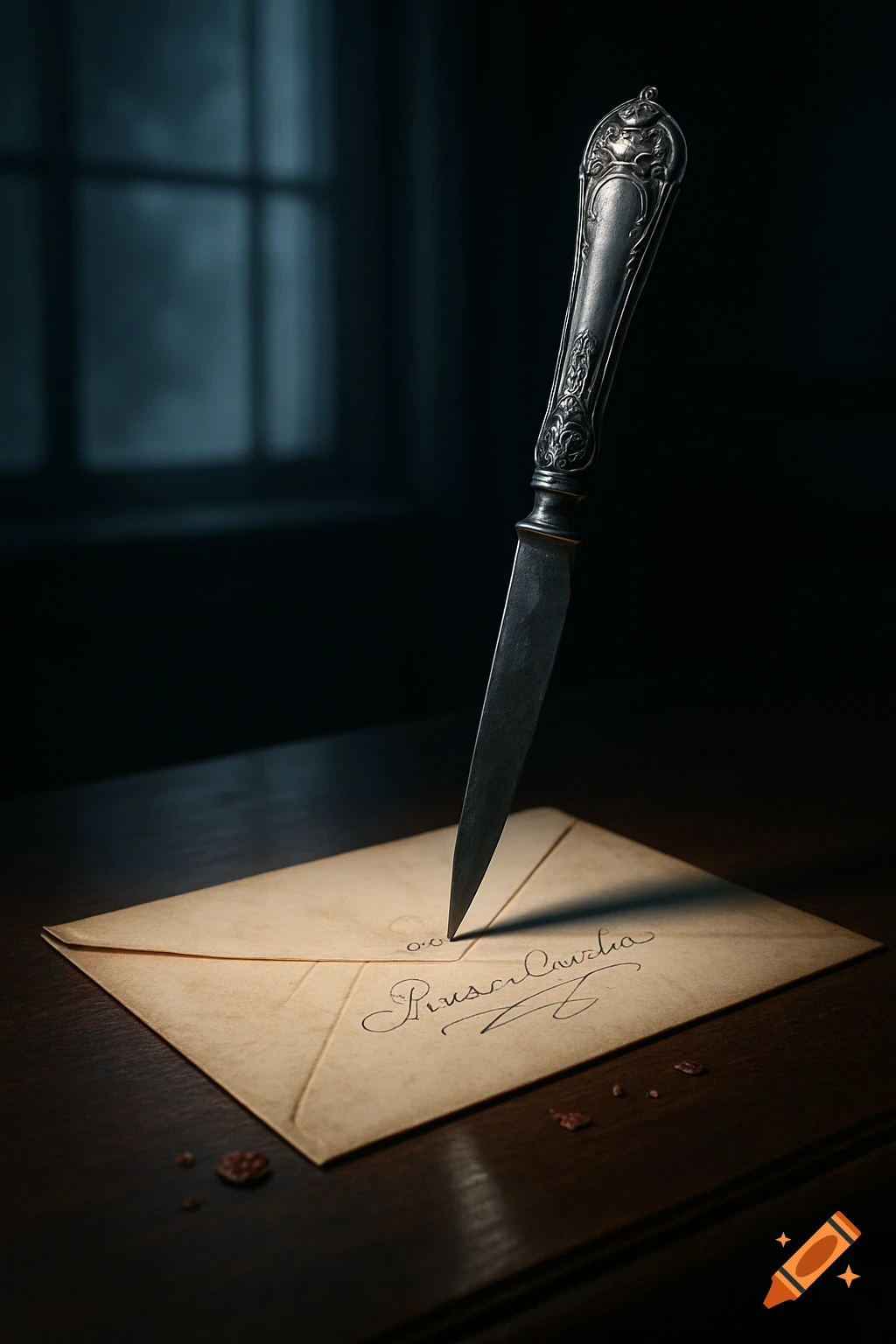 A decorative knife plunged into an old envelope with illegible cursive writing on a dark wooden table in a dimly lit room.