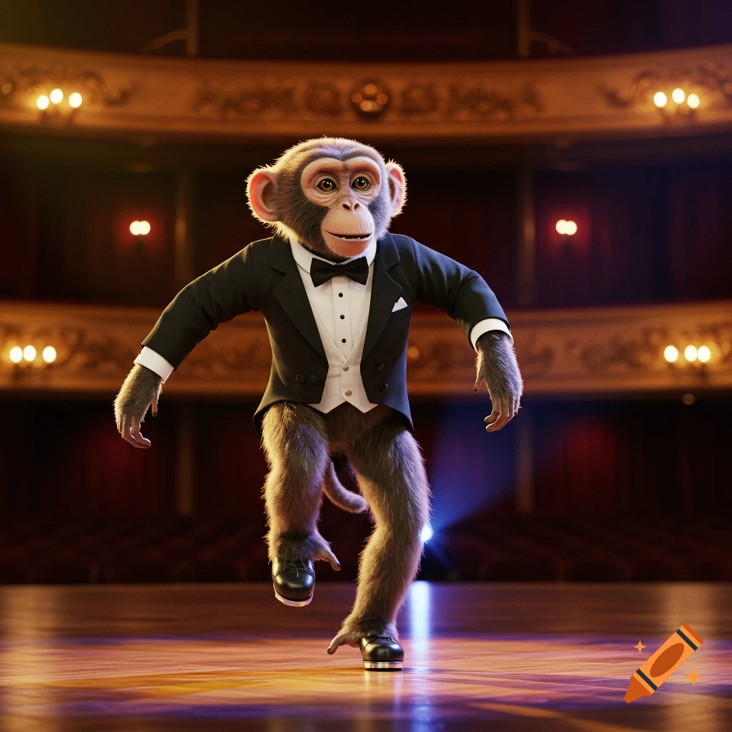 A photorealistic chimpanzee in a black tuxedo and bow tie tap dancing on a wooden stage in a theater.