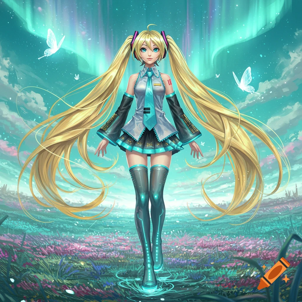 Hatsune Miku with long blonde pigtails, wearing a teal and gray outfit, stands in a colorful flower field under an aurora sky with butterflies.