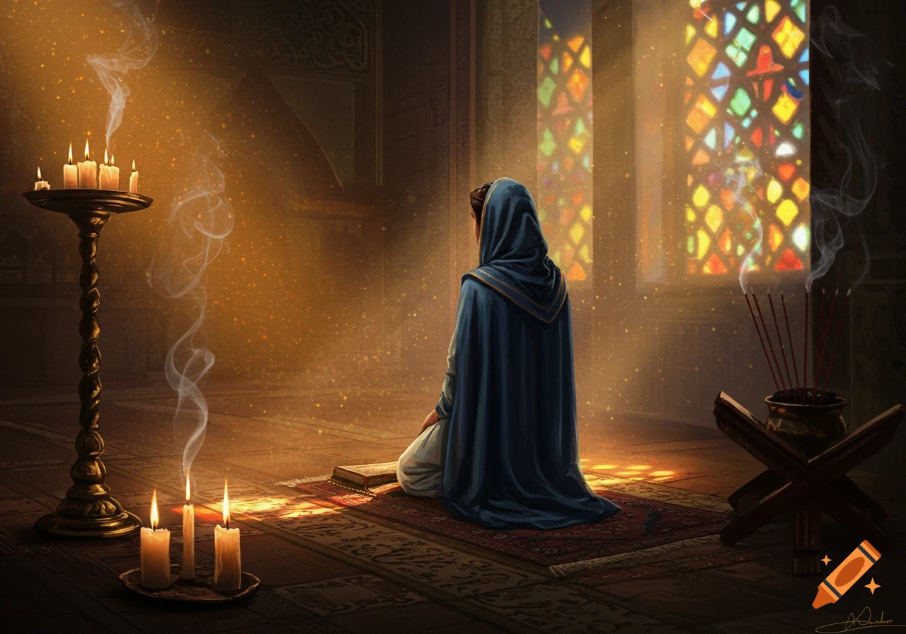 A person in a blue robe kneels on a prayer rug in a dimly lit, sacred chamber with colorful stained glass, candles, and incense smoke.