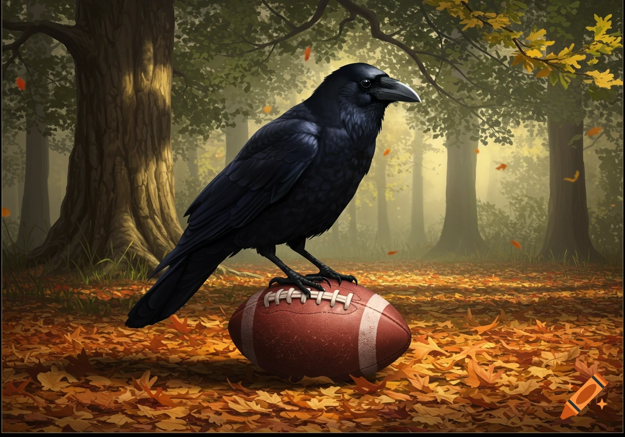 A majestic black crow with a white beak perches on a brown football, surrounded by fallen orange autumn leaves in a misty forest.