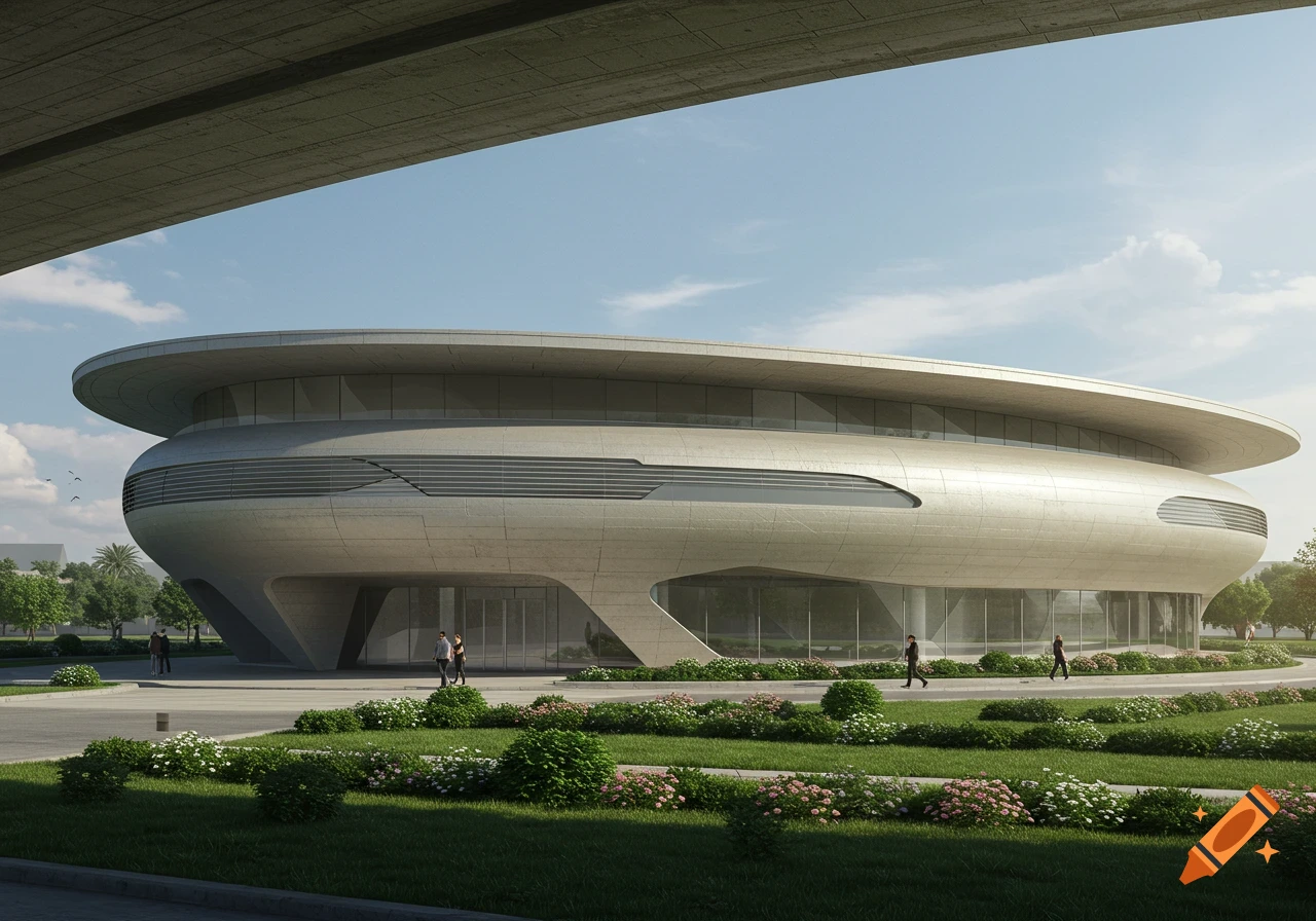 A photorealistic image of a sleek, wide, circular modern building with a flat roof, set in a landscaped area under a concrete overpass. People walk on the pathways.