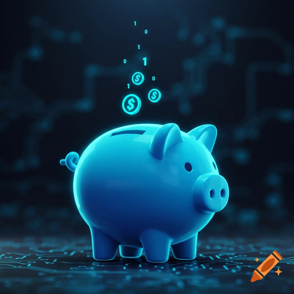 A glowing blue piggy bank sits on a dark circuit board surface, with floating binary digits and digital dollar signs above it.