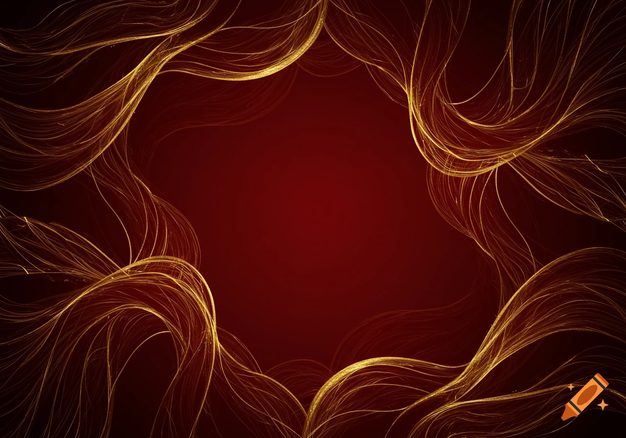 Deep red background with flowing, decorative golden abstract lines creating a frame.