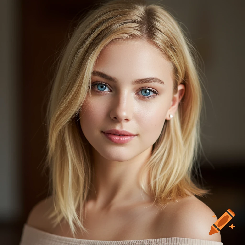 A close-up photorealistic portrait of a young woman with soft blonde hair, bright blue eyes, and fair skin, wearing an off-shoulder top.