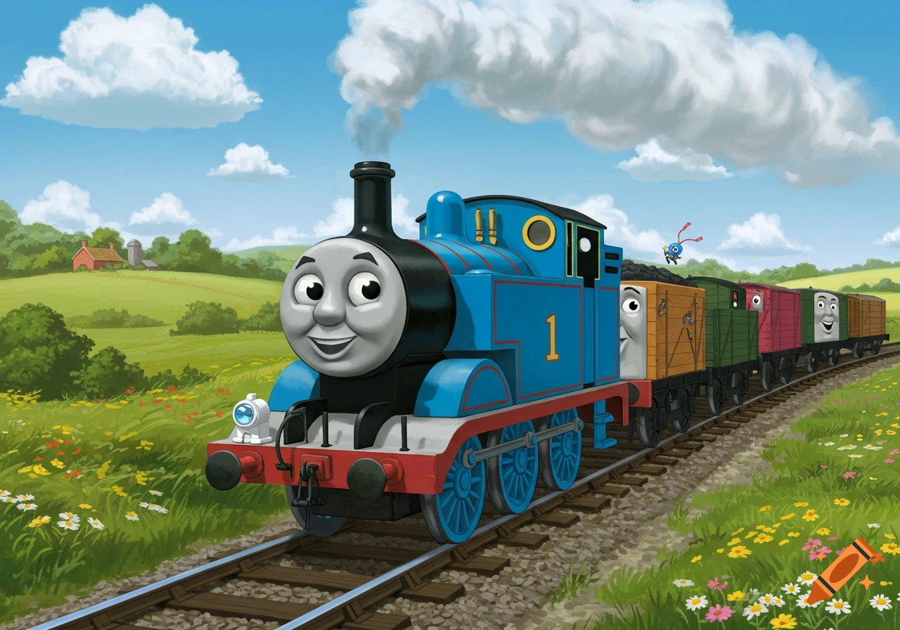 Thomas the Tank Engine smiling as he pulls freight cars through a vibrant green, flowery countryside under a blue sky.