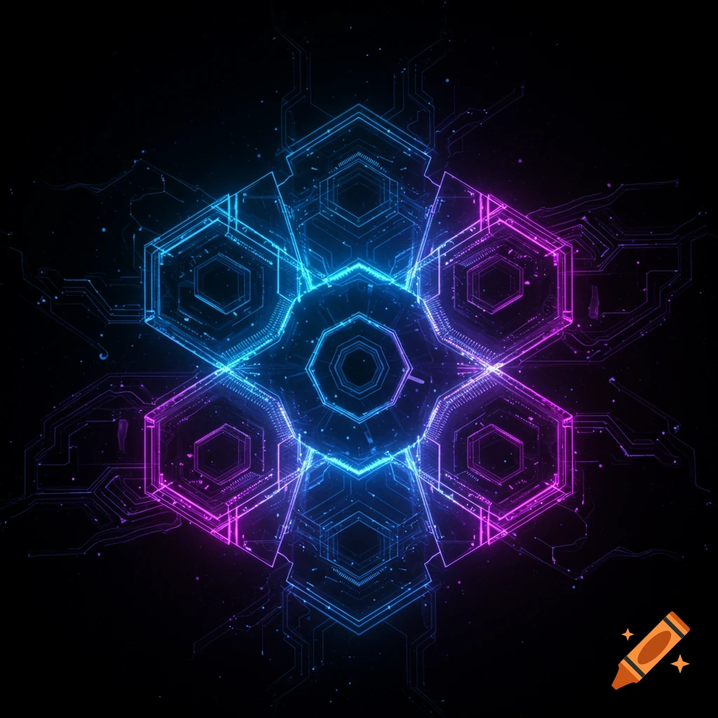Glowing blue and purple futuristic geometric patterns on a dark background, resembling circuitry.
