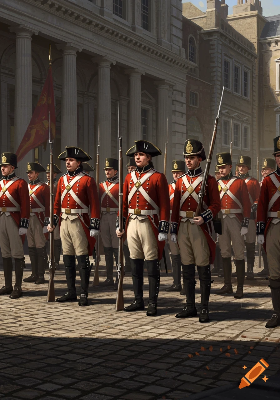 A battalion of British Redcoats in red and white uniforms, holding rifles, standing at attention in a city square in front of a grand building.