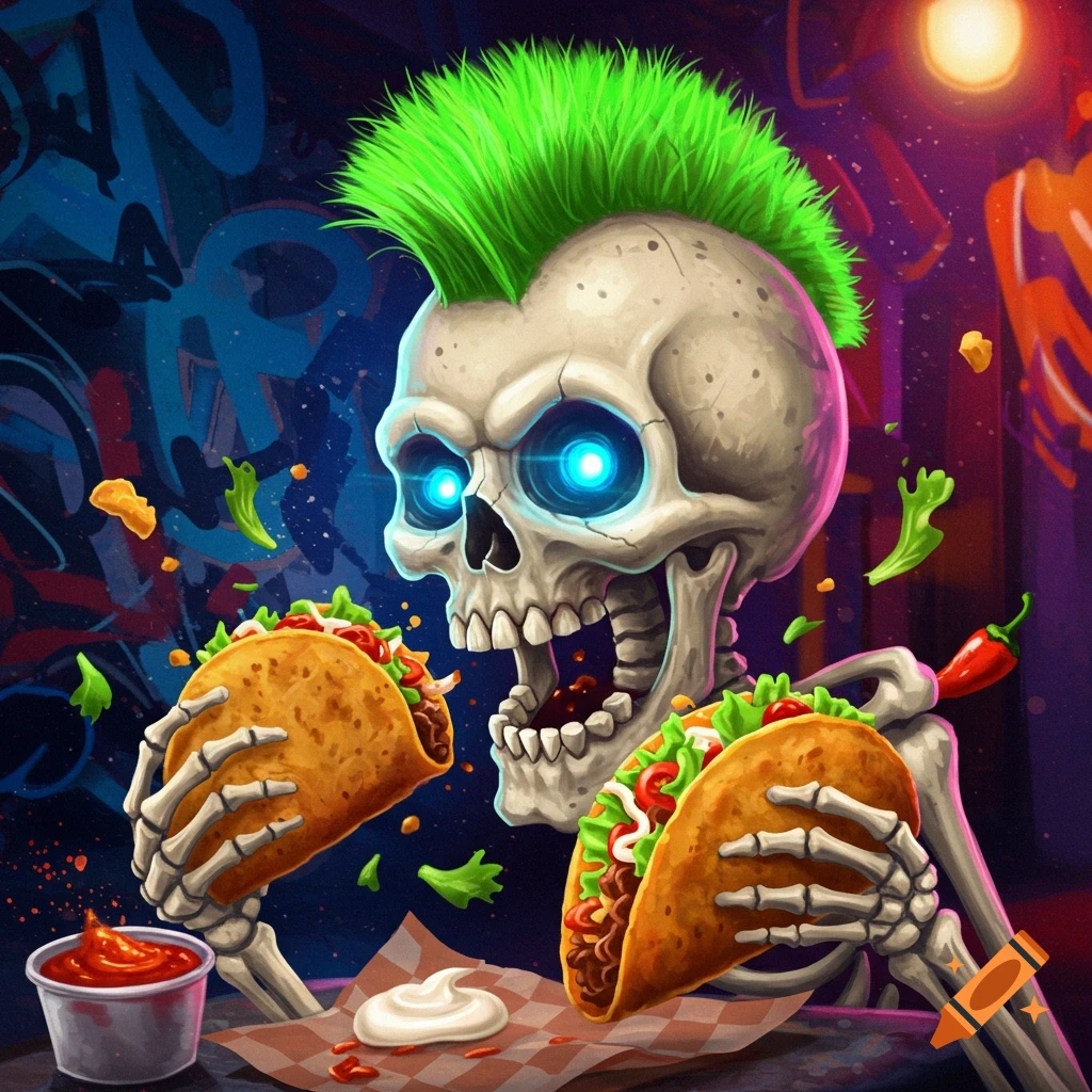 A stylized skeleton with a green mohawk eats two tacos in a vibrant, graffiti-filled setting.