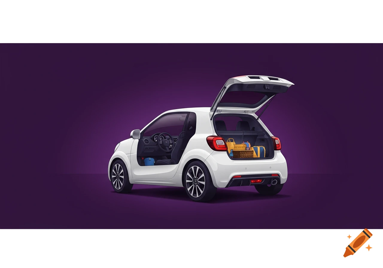 White small car with open trunk filled with luggage on a purple background, illustration.