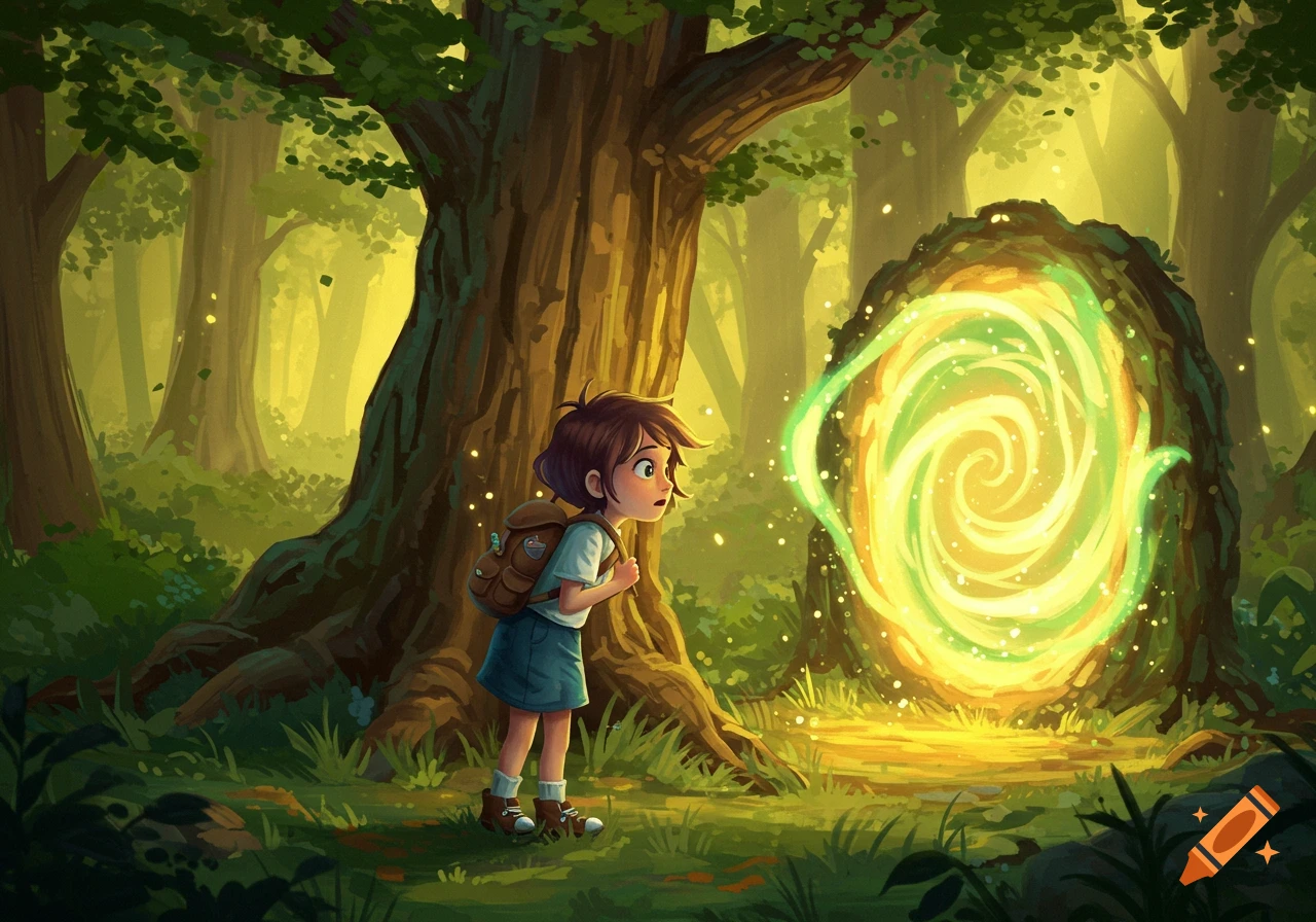 A curious girl with a backpack looks at a swirling, glowing portal in a sunny, mystical forest. Illustration.