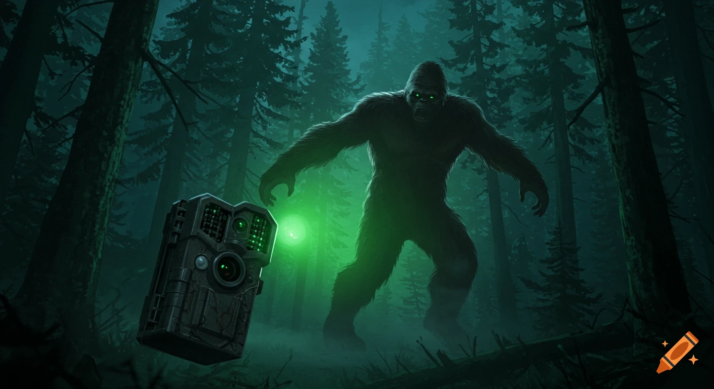 A large, dark Bigfoot with glowing green eyes lurks behind a night vision trail camera in a dark, misty forest.