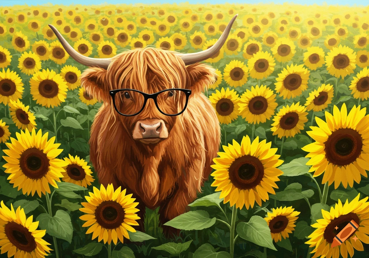 A shaggy brown Highland cow wearing black glasses stands amidst a vibrant field of yellow sunflowers under a clear blue sky.