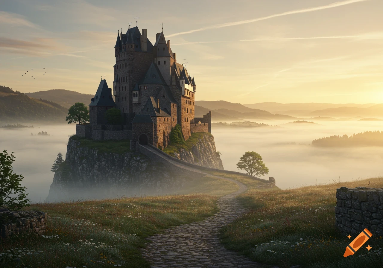A majestic castle sits atop a rocky cliff overlooking misty valleys at sunrise. A cobblestone path leads towards it.