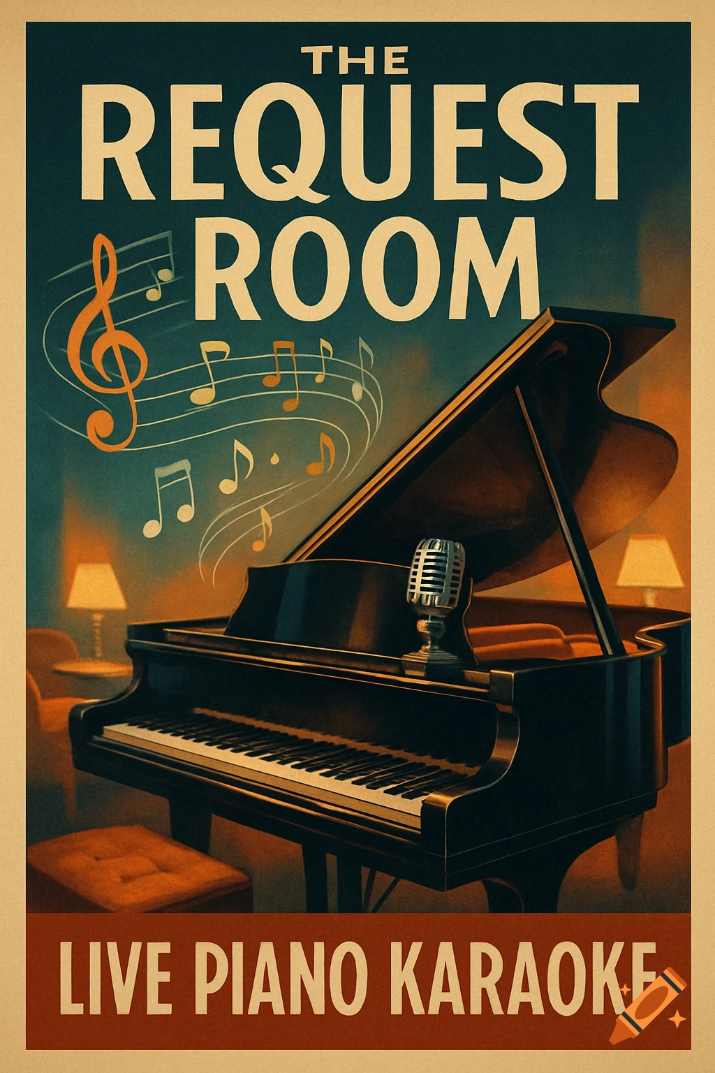 Vintage poster for 'The Request Room - Live Piano Karaoke' featuring a grand piano, microphone, and musical notes.