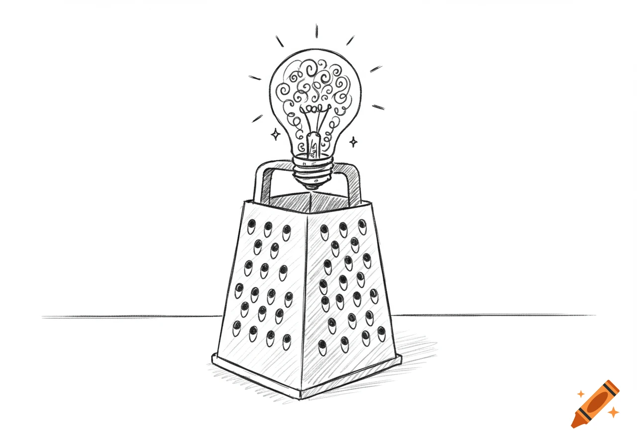 A whimsical, hand-drawn sketch of a lightbulb with swirling patterns resting atop a cheese grater.