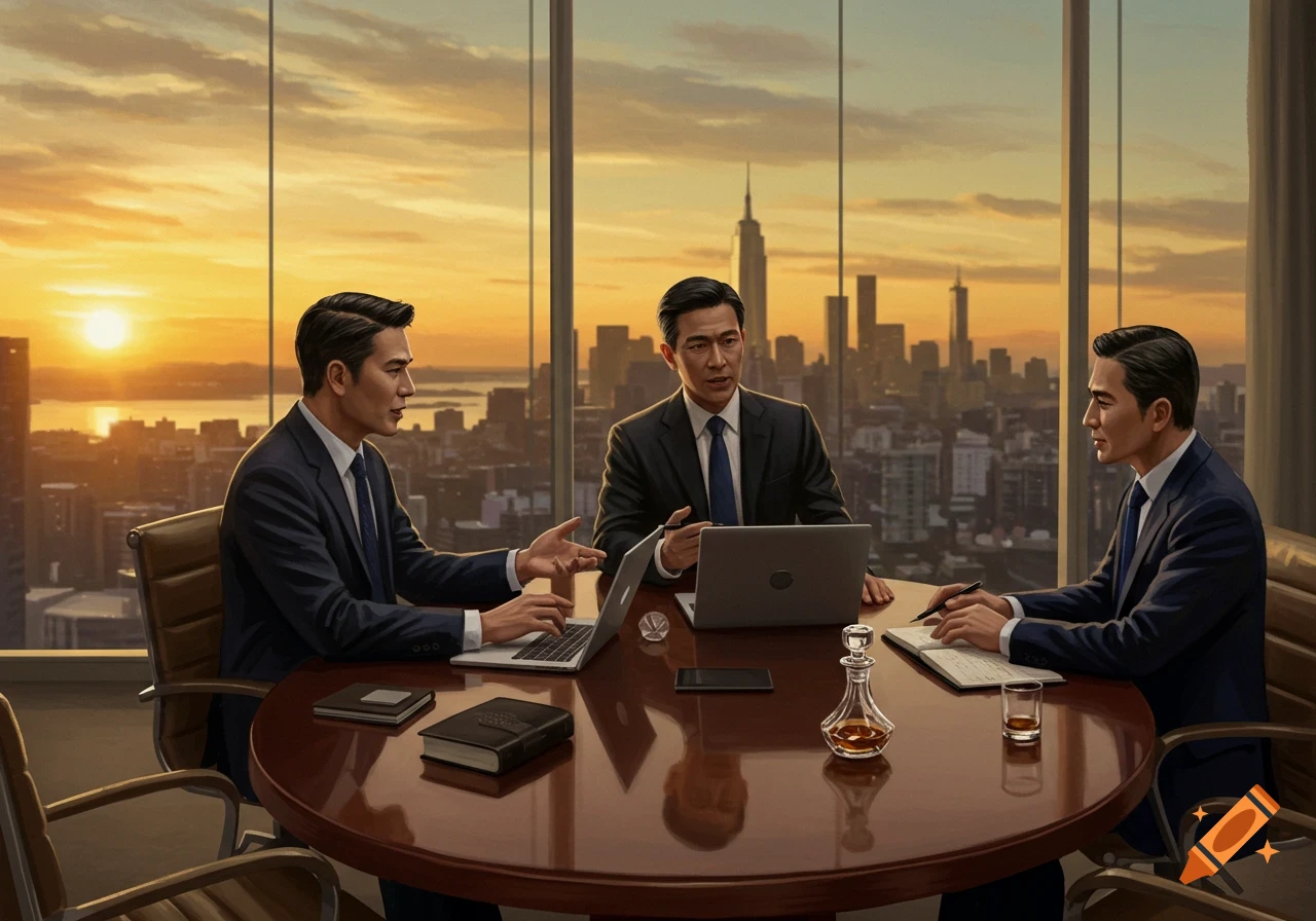 Three businessmen in suits discuss at a round table in an executive office with a city skyline at sunset visible through large windows.