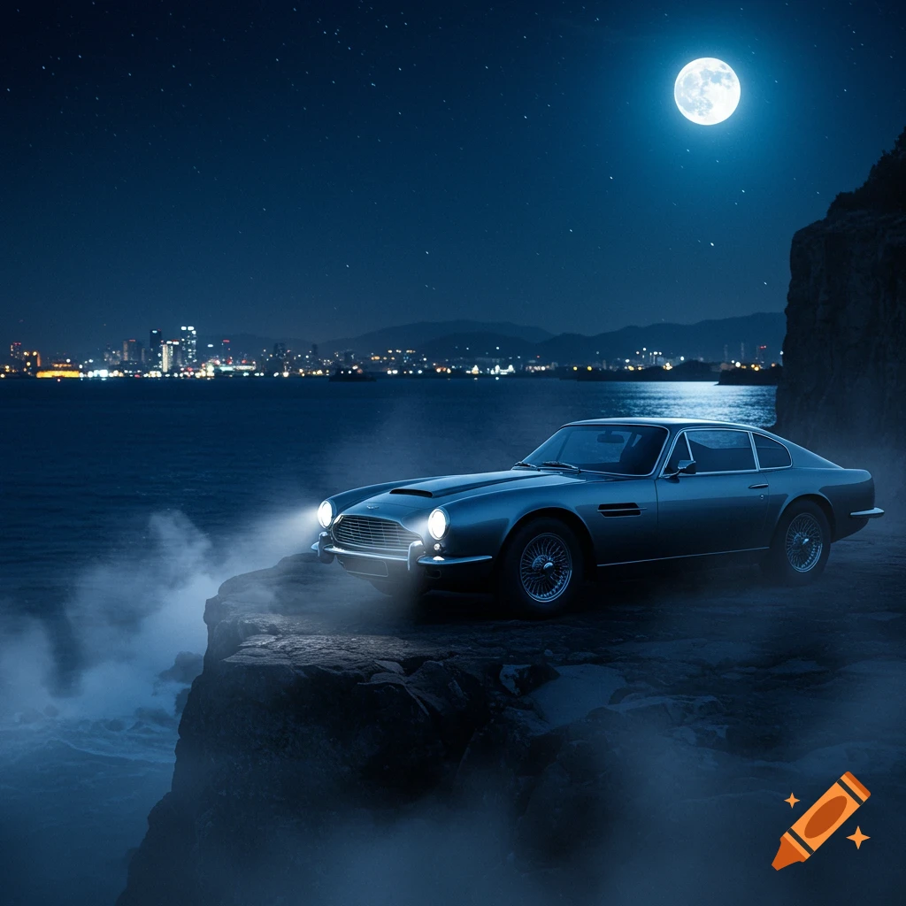 A sleek silver classic car parked on a rocky cliff overlooking a moonlit ocean and distant city lights at night. Photorealistic style.