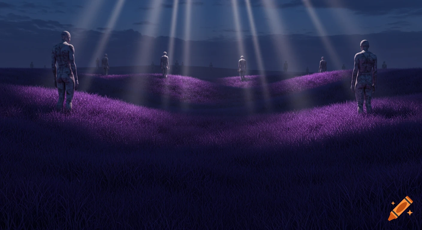 Several grey humanoid statues stand in a vast field of vibrant purple grass under a dark, moonlit sky with light rays.