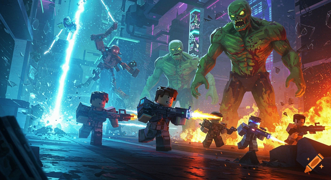 Roblox-style players battle green zombies with laser guns amidst explosions in a vibrant, futuristic city.