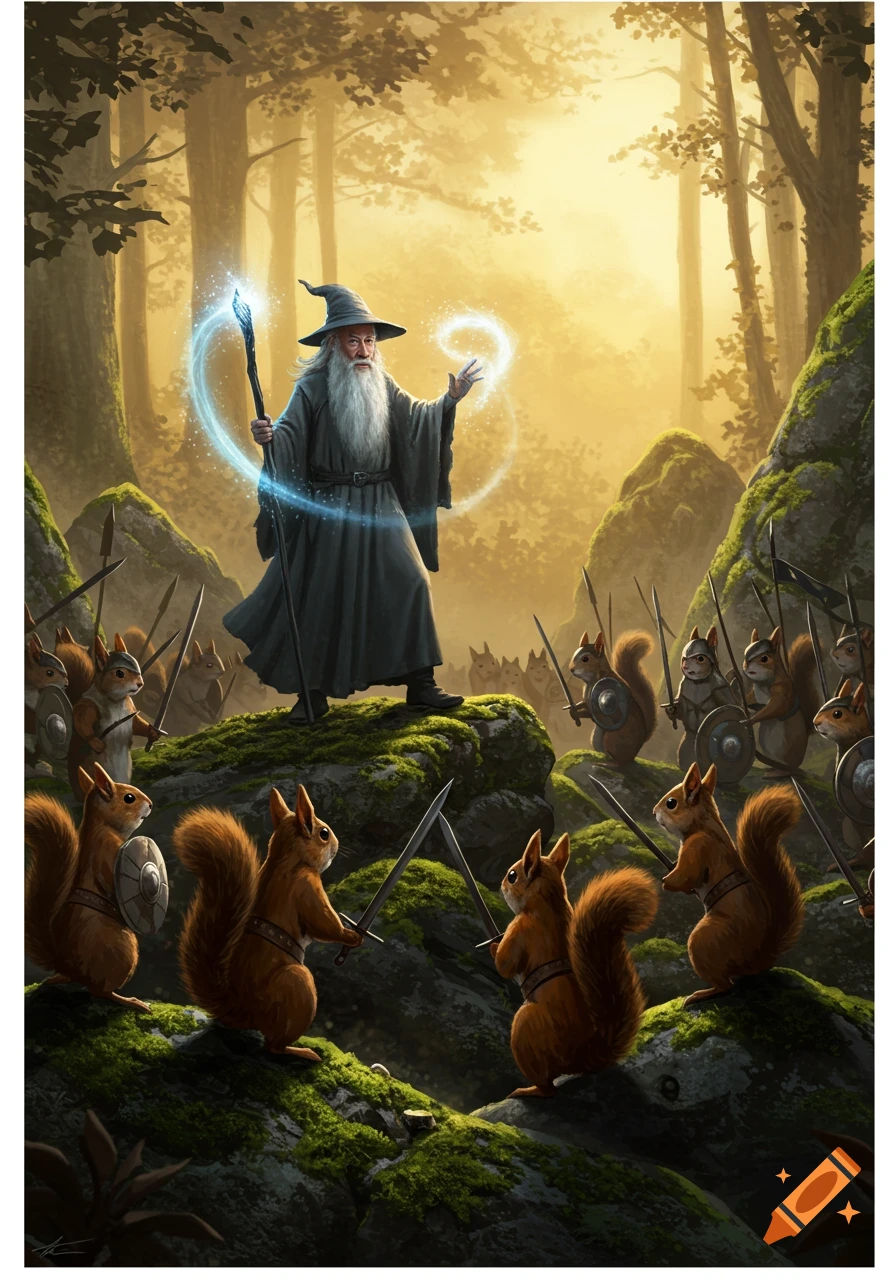 A wizard casting a spell in a sun-drenched forest, facing an armed army of squirrels. Digital fantasy illustration.