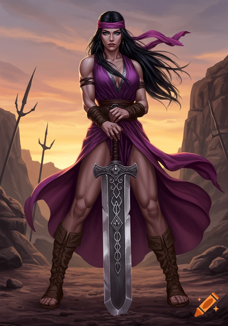 A tall female barbarian warrior with long black hair, blue eyes, purple dress, and headband, holding a sword in a rocky sunset landscape.