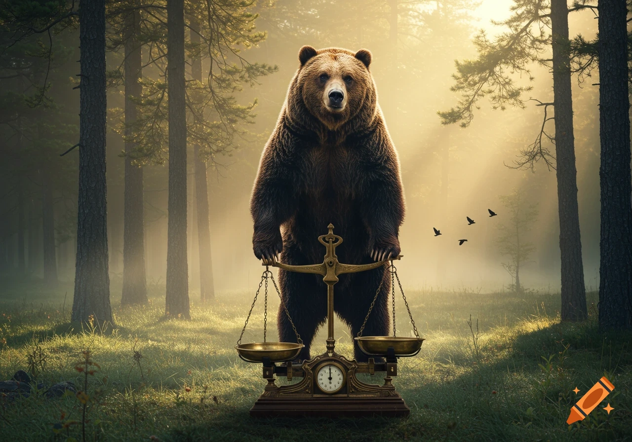 A photorealistic brown bear stands upright in a misty forest, holding an antique brass weighing scale.