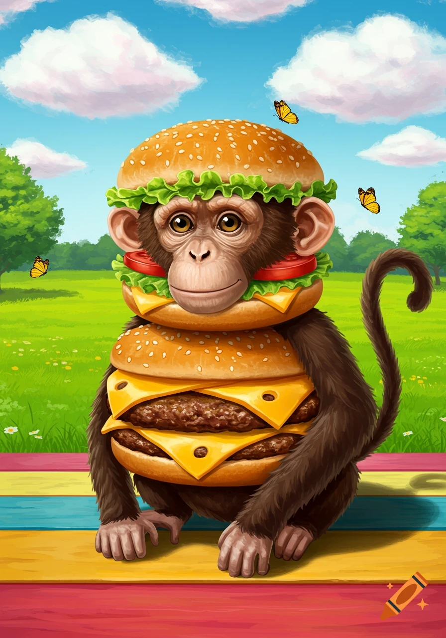 A cute cartoon monkey has its head emerging from a hamburger bun, with its body made of stacked cheeseburgers, sitting on a colorful bench in a sunny green field.