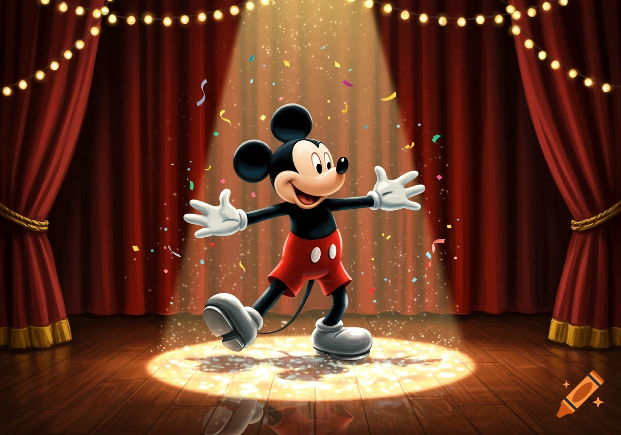 Mickey Mouse stands on a brightly lit stage with red curtains and falling confetti, performing in a cartoon style.