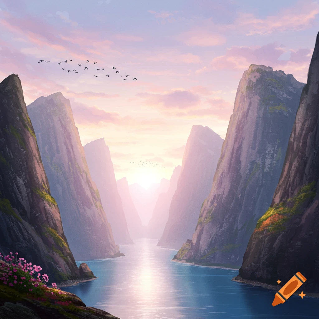 Stylized fjord landscape with towering mountains, calm water, a pastel sky, and birds flying at sunrise.
