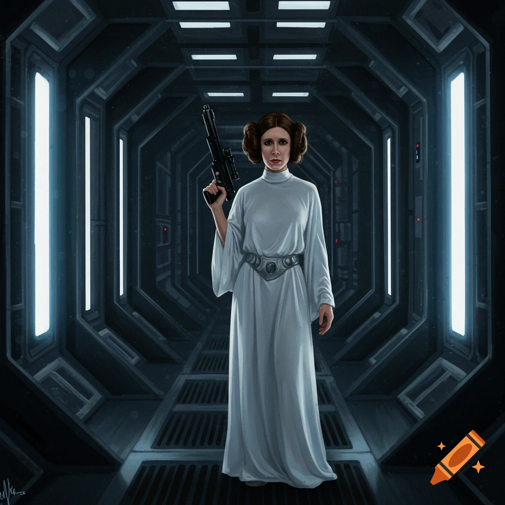 Princess Leia in a white gown holds a blaster, standing in a futuristic spaceship corridor.