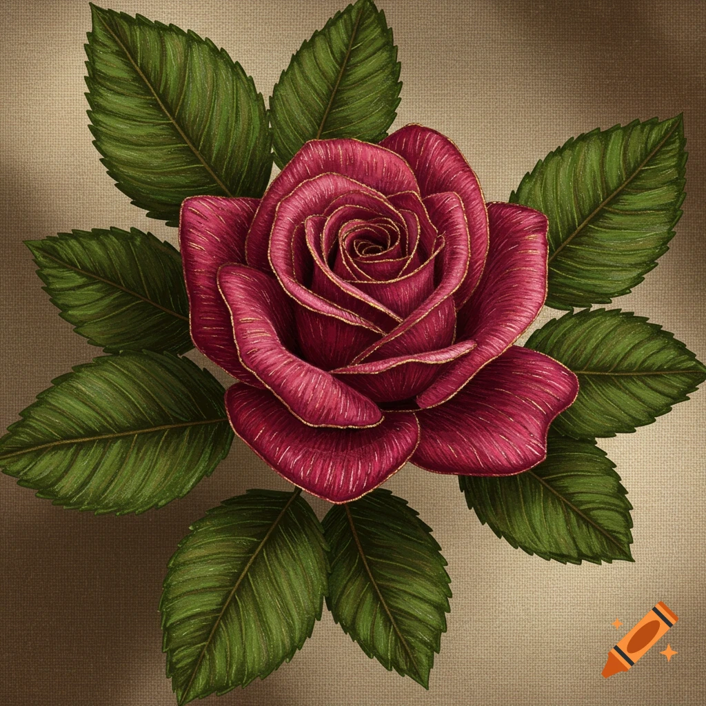Vibrant red embroidered rose with green leaves on a textured beige background.
