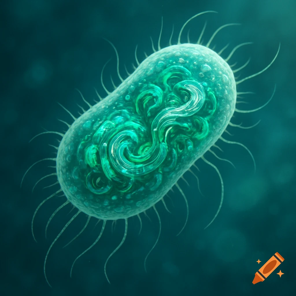 A detailed, glowing green microscopic bacterium with tendrils on a dark teal background.