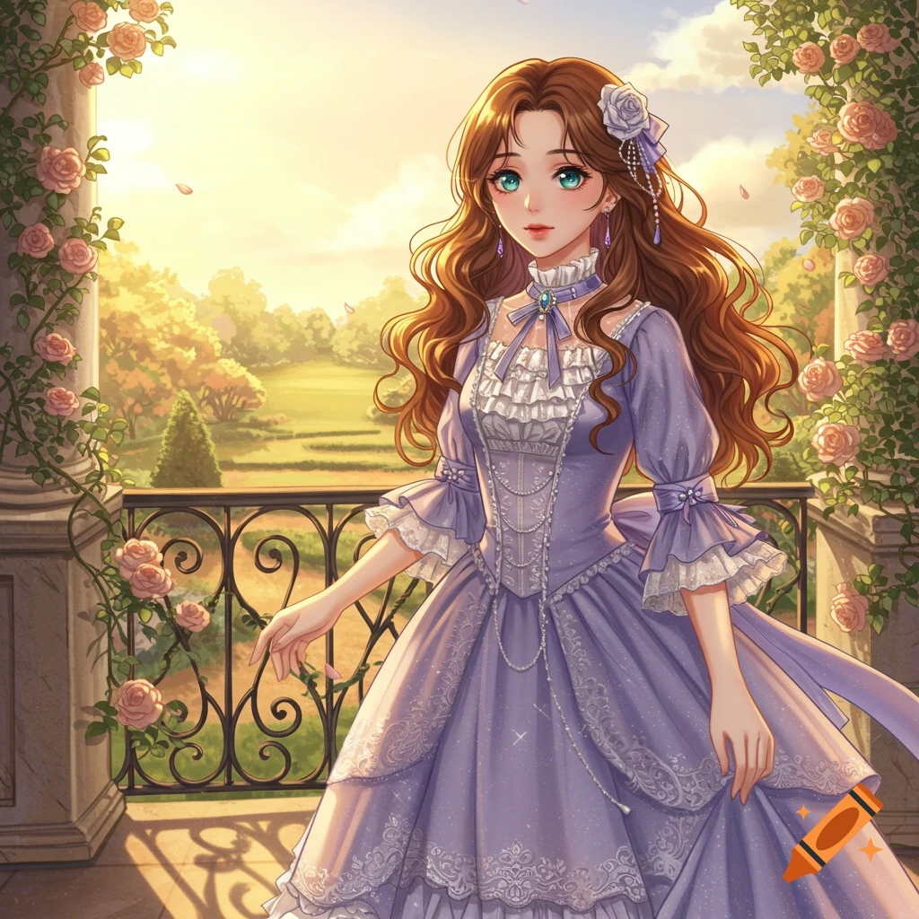 An anime Victorian girl in a purple ruffled dress stands on a balcony overlooking a sunny garden.