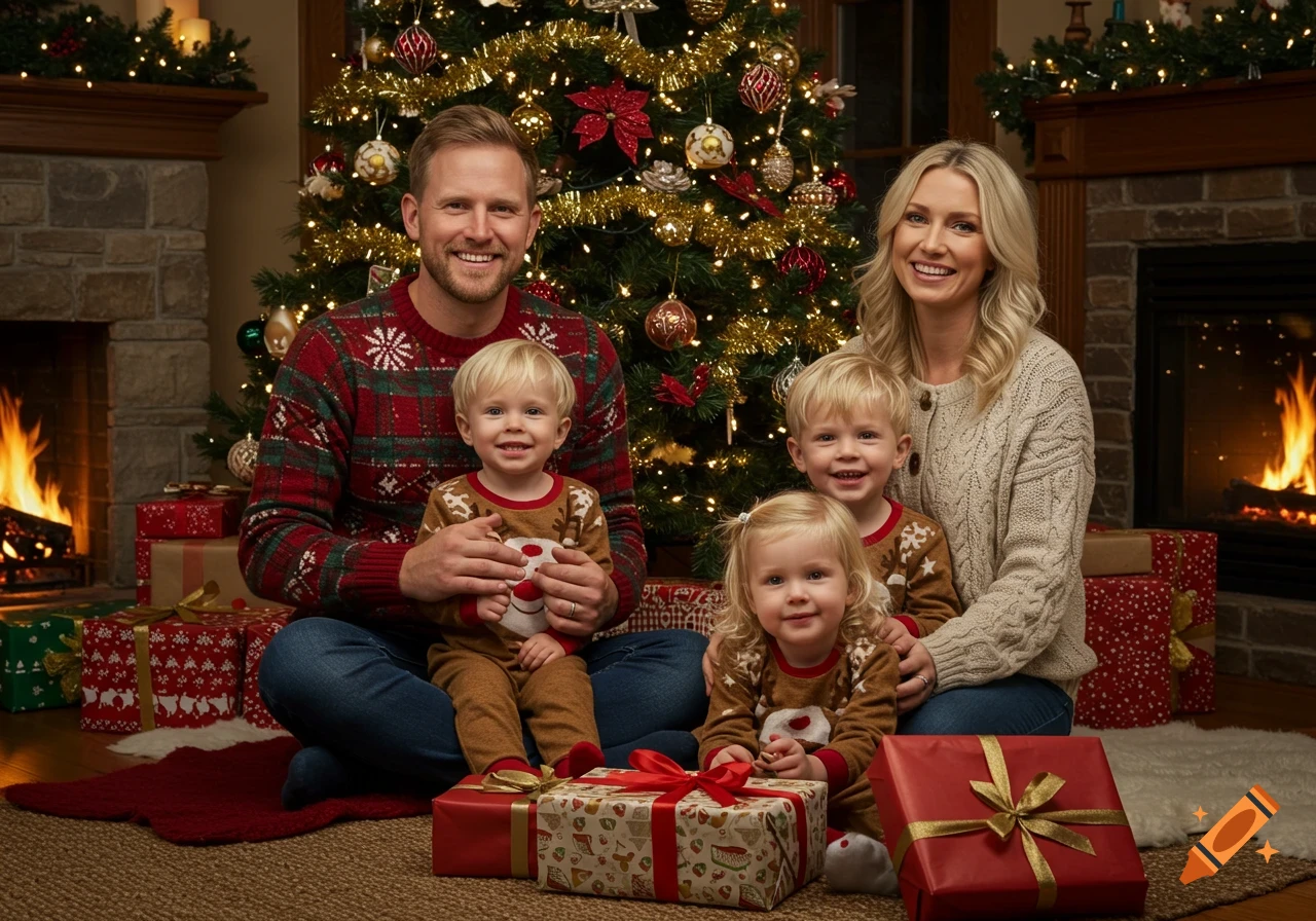A joyful family with two adults and three blond children in Christmas pajamas pose in front of a decorated Christmas tree and fireplaces.
