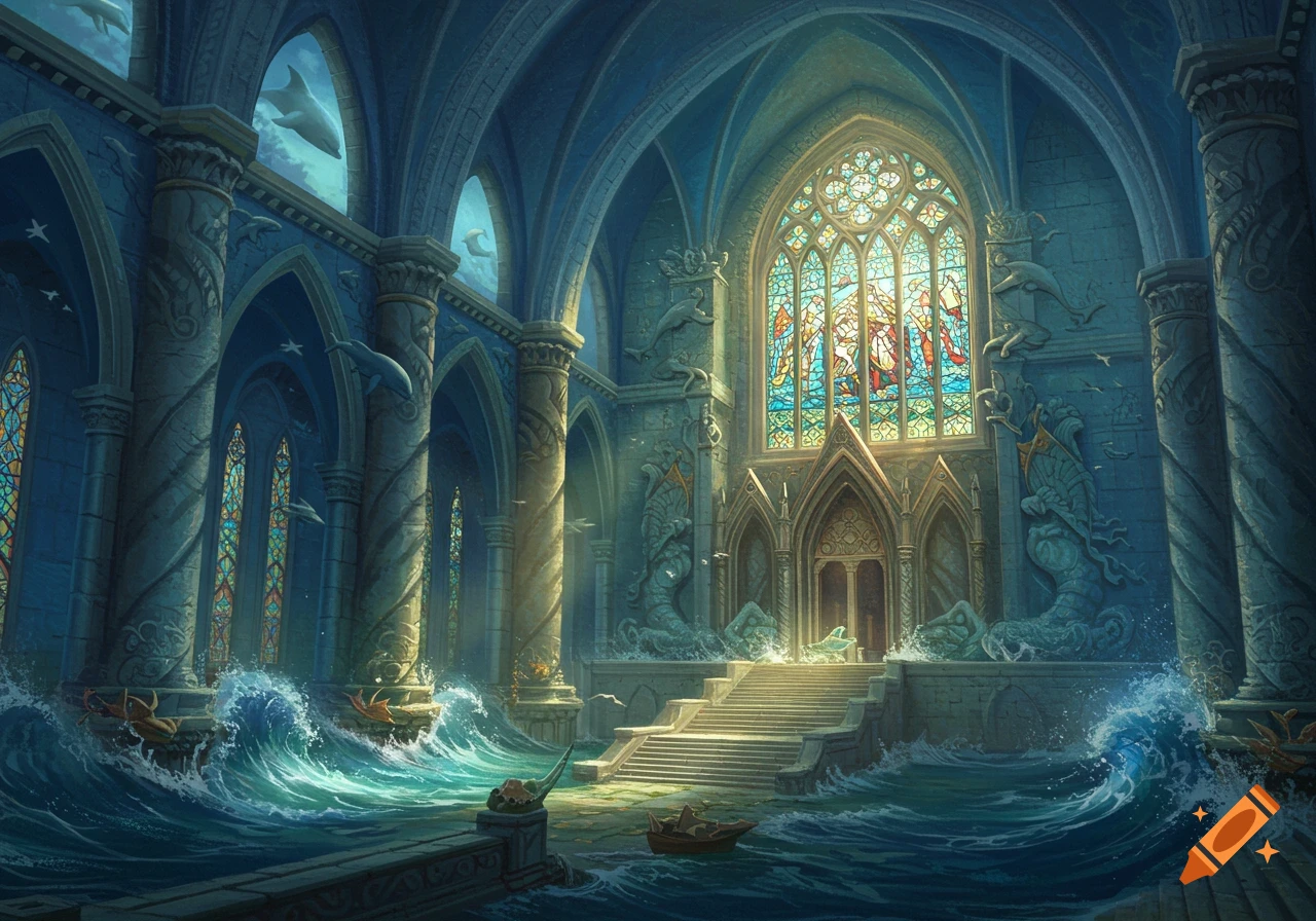 A grand, gothic underwater cathedral with immense pillars, ornate stained glass, crashing waves, and dolphins swimming.