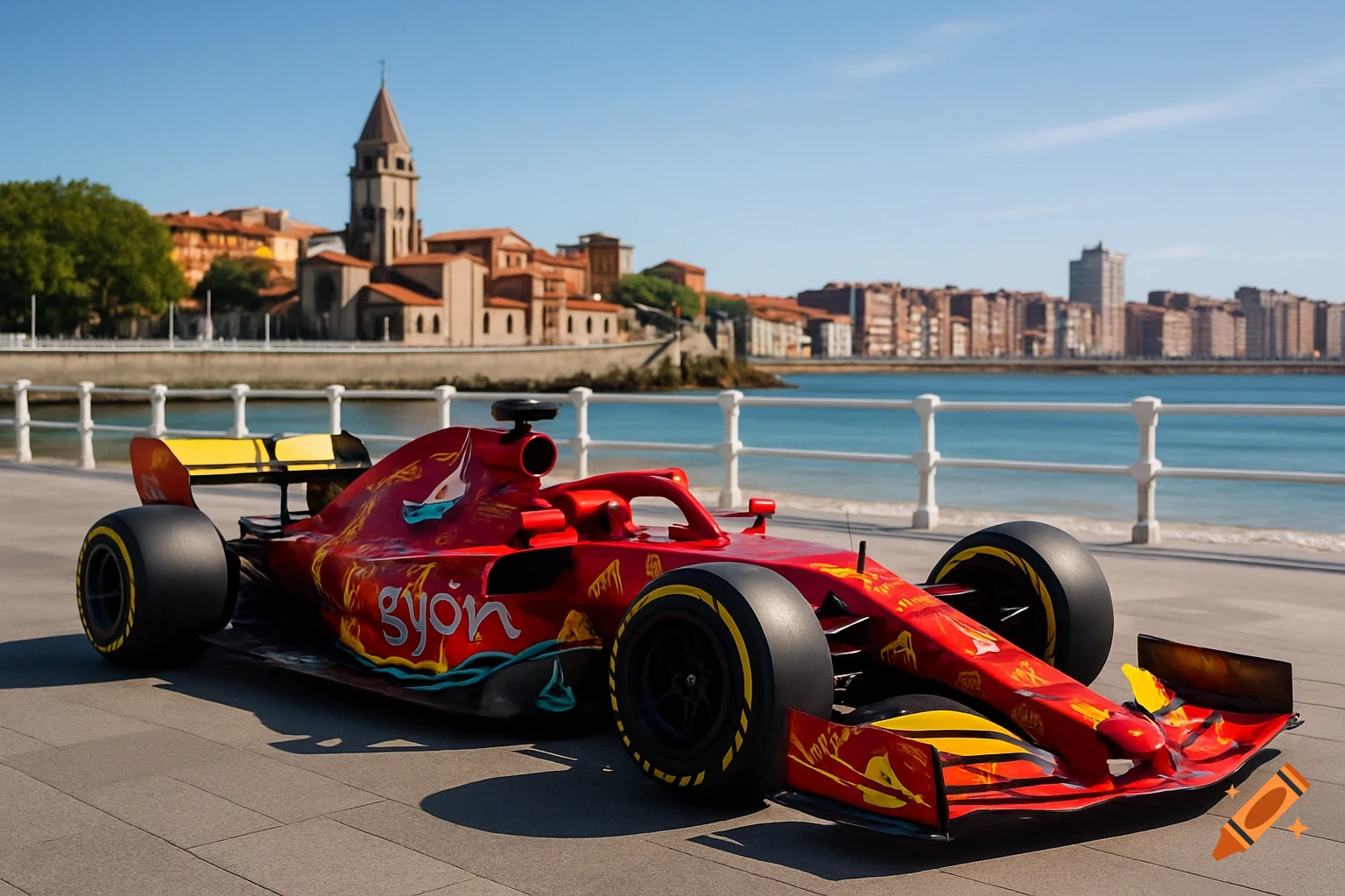 Red and yellow Formula 1 car with 'gyon' logo and maritime details on a promenade by San Lorenzo beach, with Gijón city and church in background.