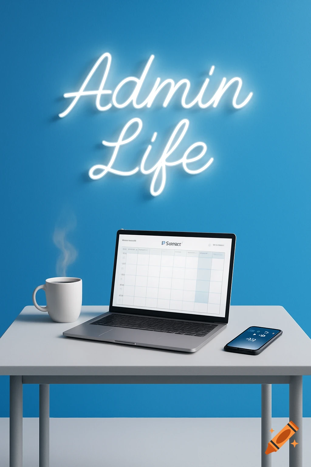 Modern desk with an open laptop, coffee cup, and smartphone on a white table against a blue wall with a neon 'Admin Life' sign.