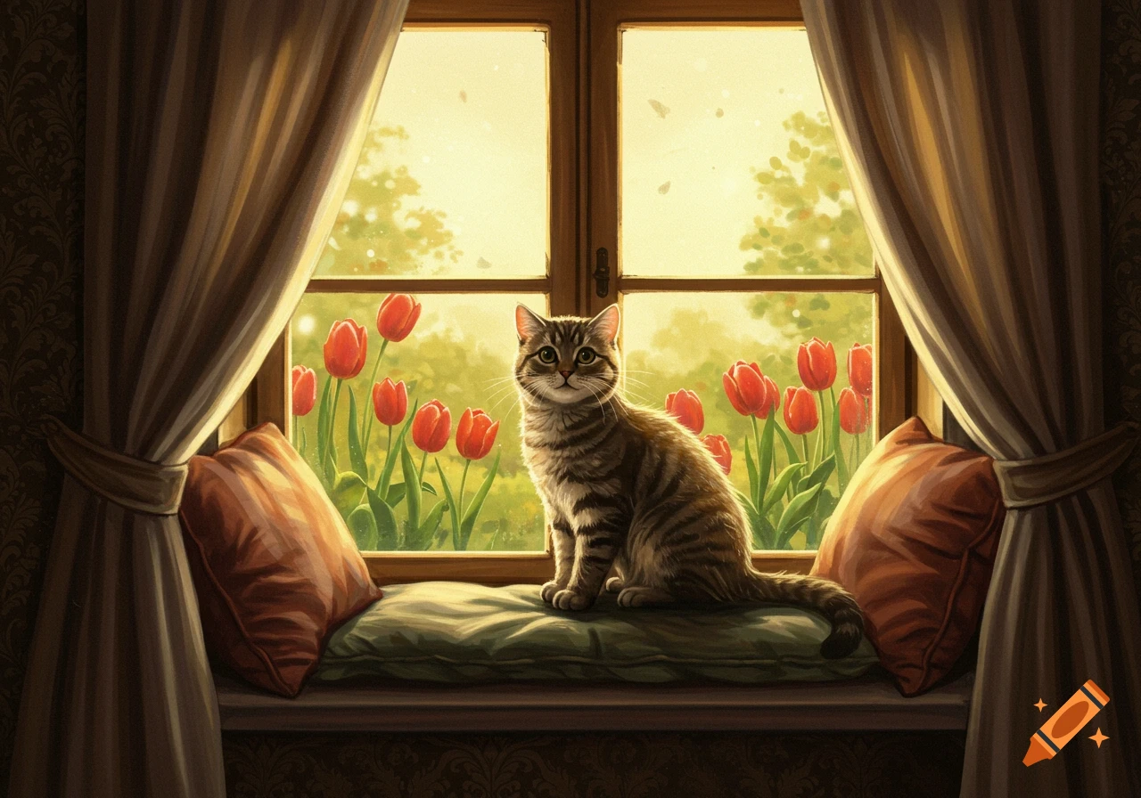 A tabby cat sits on a window sill looking at red tulips in a sunlit garden, framed by curtains, in a painterly style.