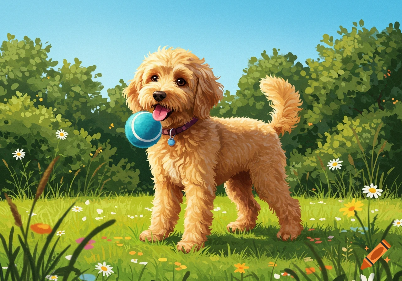 An illustration of a cute golden doodle dog holding a blue ball, standing in a sunny grassy field with trees and daisies.