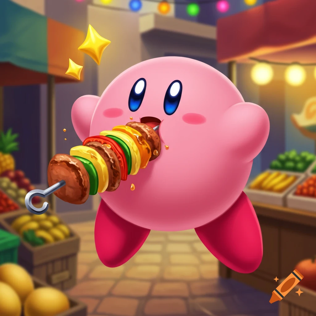 Kirby, the pink video game character, happily eating a colorful kebab at a bustling outdoor market.