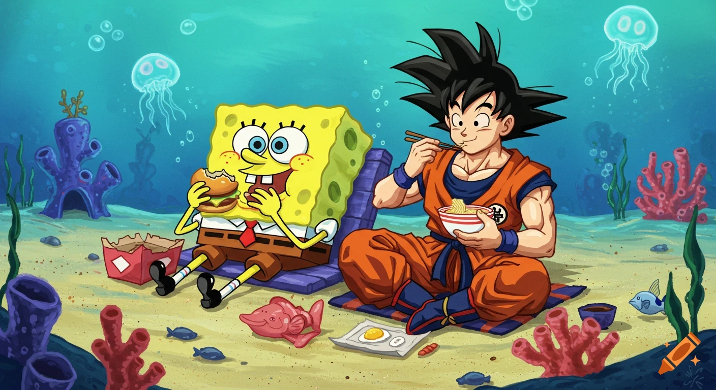 SpongeBob and Goku eat burgers and noodles on beach towels underwater in Bikini Bottom, surrounded by coral and jellyfish.