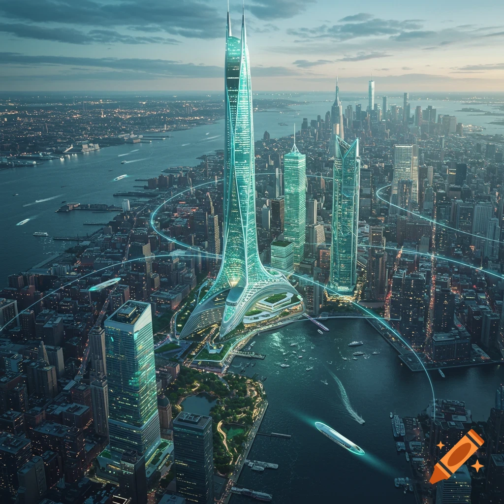 Aerial view of a futuristic New York City at dusk, with sleek, glowing skyscrapers and advanced vehicles.