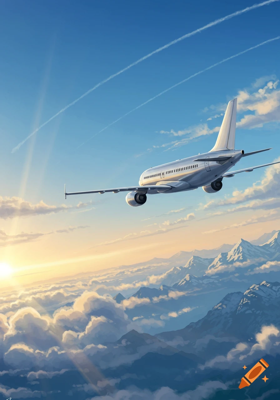 A white airplane soars high above a vast expanse of clouds and snow-capped mountains, bathed in the warm glow of sunrise or sunset.
