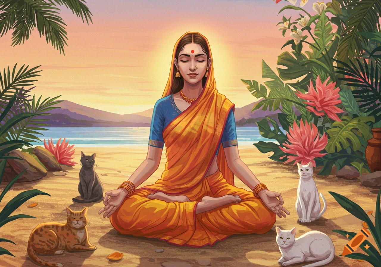 A woman in a sari meditates in lotus position on a beach at sunset, surrounded by several cats and tropical plants.