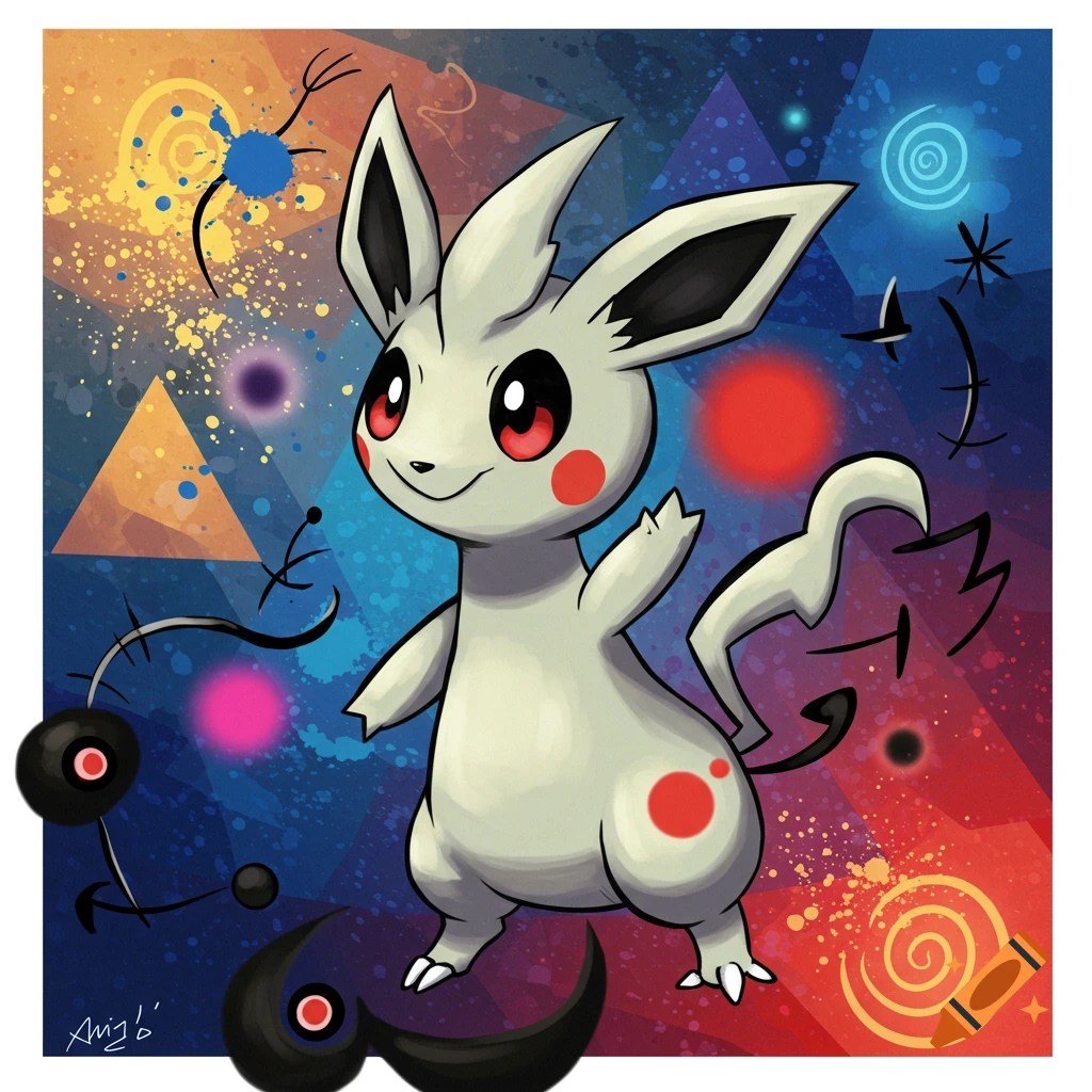 A cute, light-colored creature with red eyes and spots, smiling against a vibrant abstract background with shapes and splatters, in a Miro-inspired style.