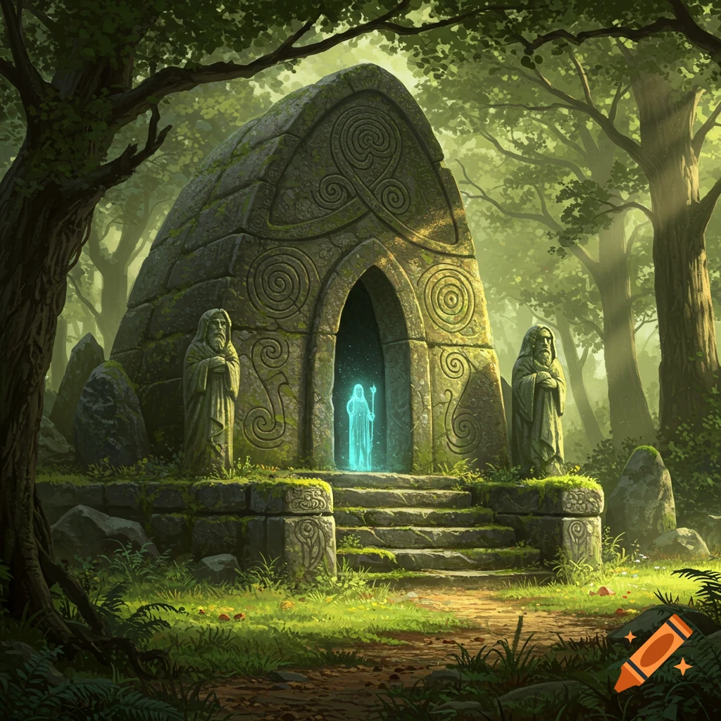 Ancient Celtic stone temple with intricate carvings in a lush forest. A glowing ethereal figure stands in the doorway, flanked by statues.
